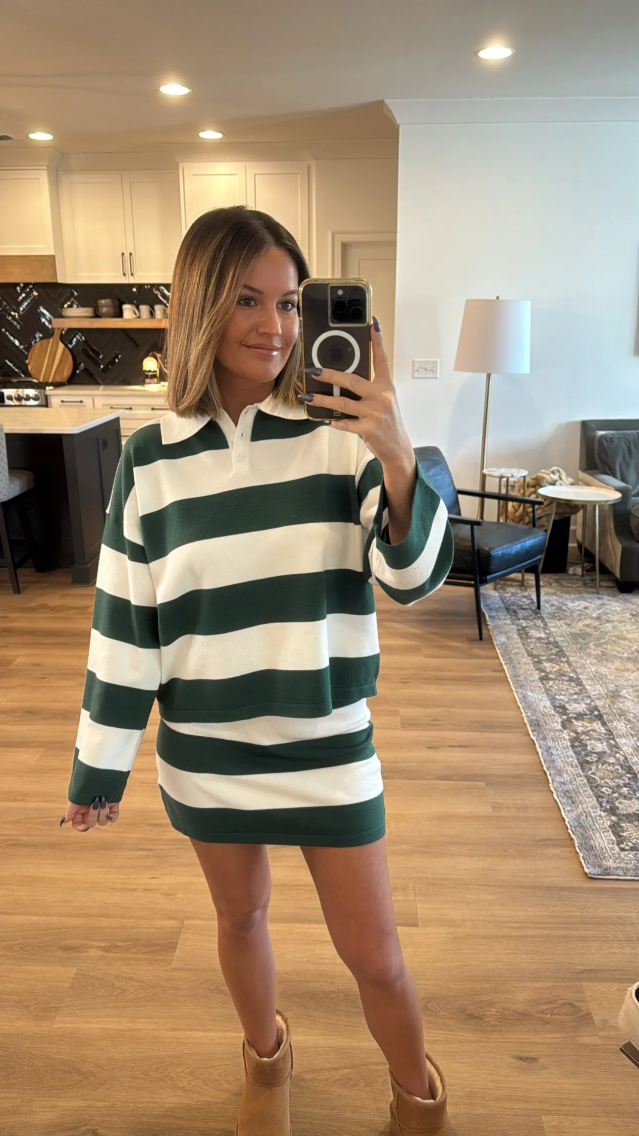 Striped Boxy Sweater and Mini Skirt Set, Green-White Stripe