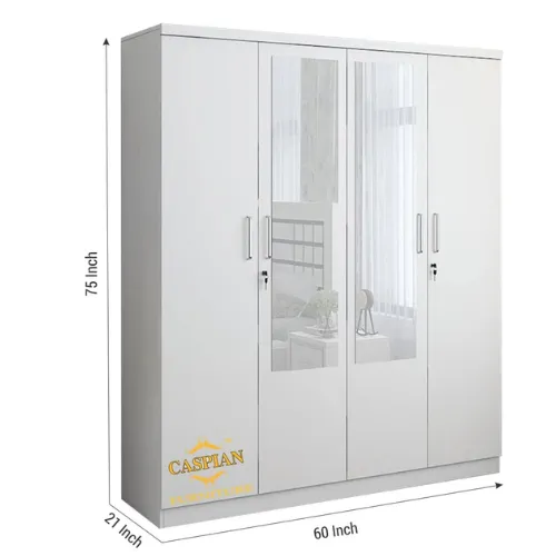 Super White 4 Door Wardrobe with 2 Mirrors|Wardrobe for 2 Persons |Drawers and Lock, 3 Shelves and Hanging Space for Clothes(60" *17*"75 inch)