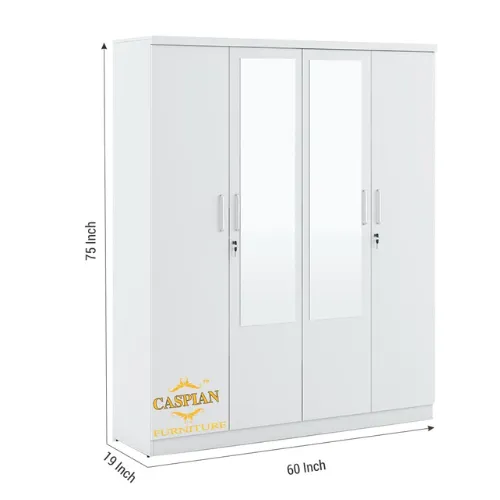 Super White 4 Door Wardrobe with 2 Mirrors|Wardrobe for 2 Persons |Drawers and Lock, 3 Shelves and Hanging Space for Clothes(60" *17*"75 inch)