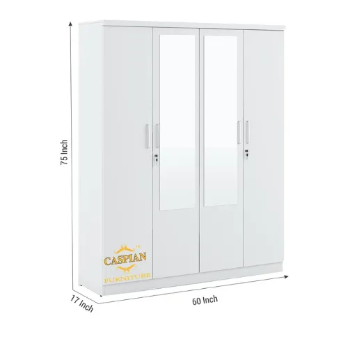 Super White 4 Door Wardrobe with 2 Mirrors|Wardrobe for 2 Persons |Drawers and Lock, 3 Shelves and Hanging Space for Clothes(60" *17*"75 inch)