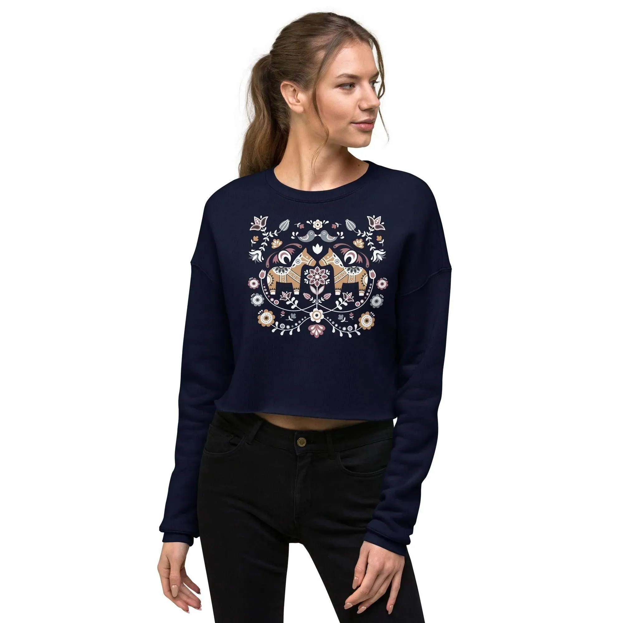 Swedish Dala Horse Cropped Sweatshirt - Dark