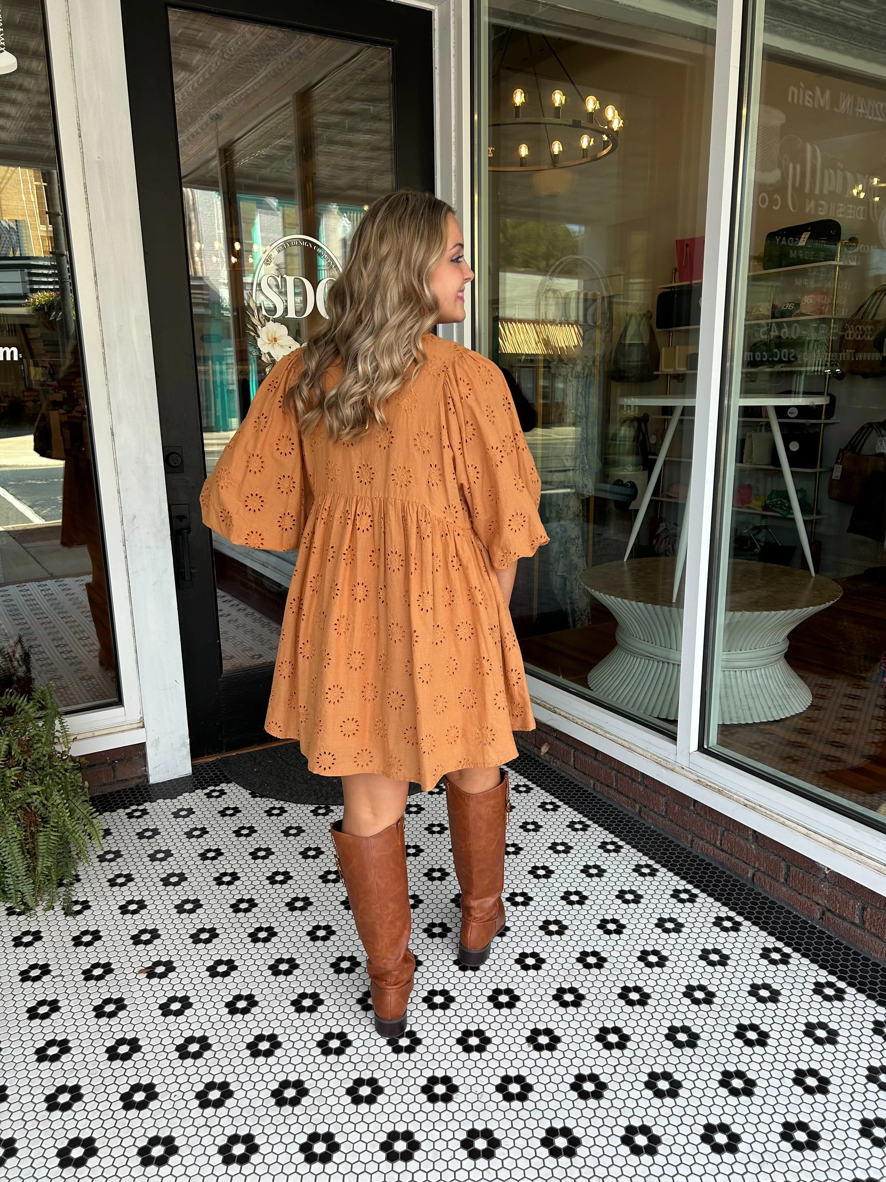 Sweet As Pie Eyelet Dress - Camel