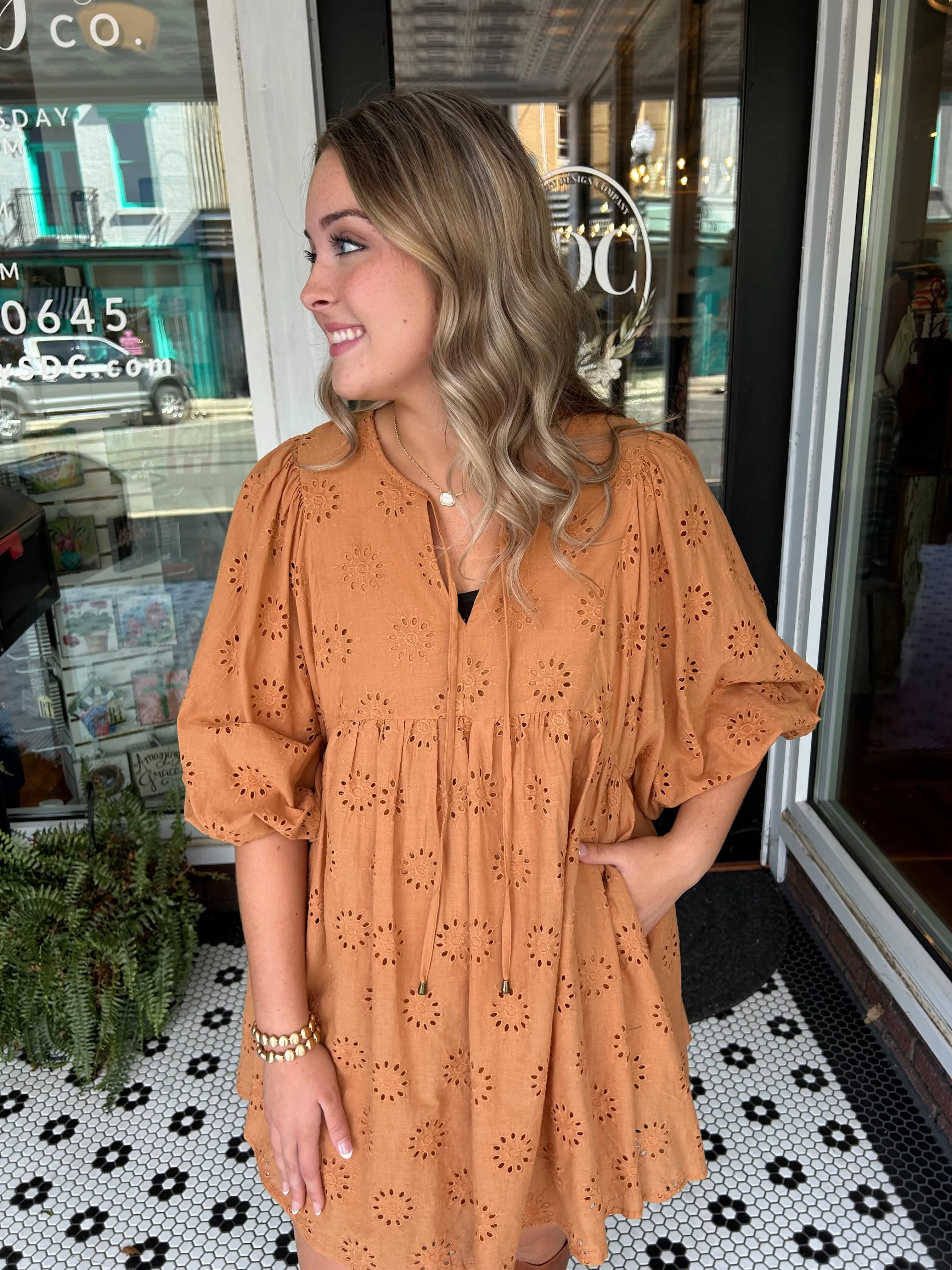 Sweet As Pie Eyelet Dress - Camel