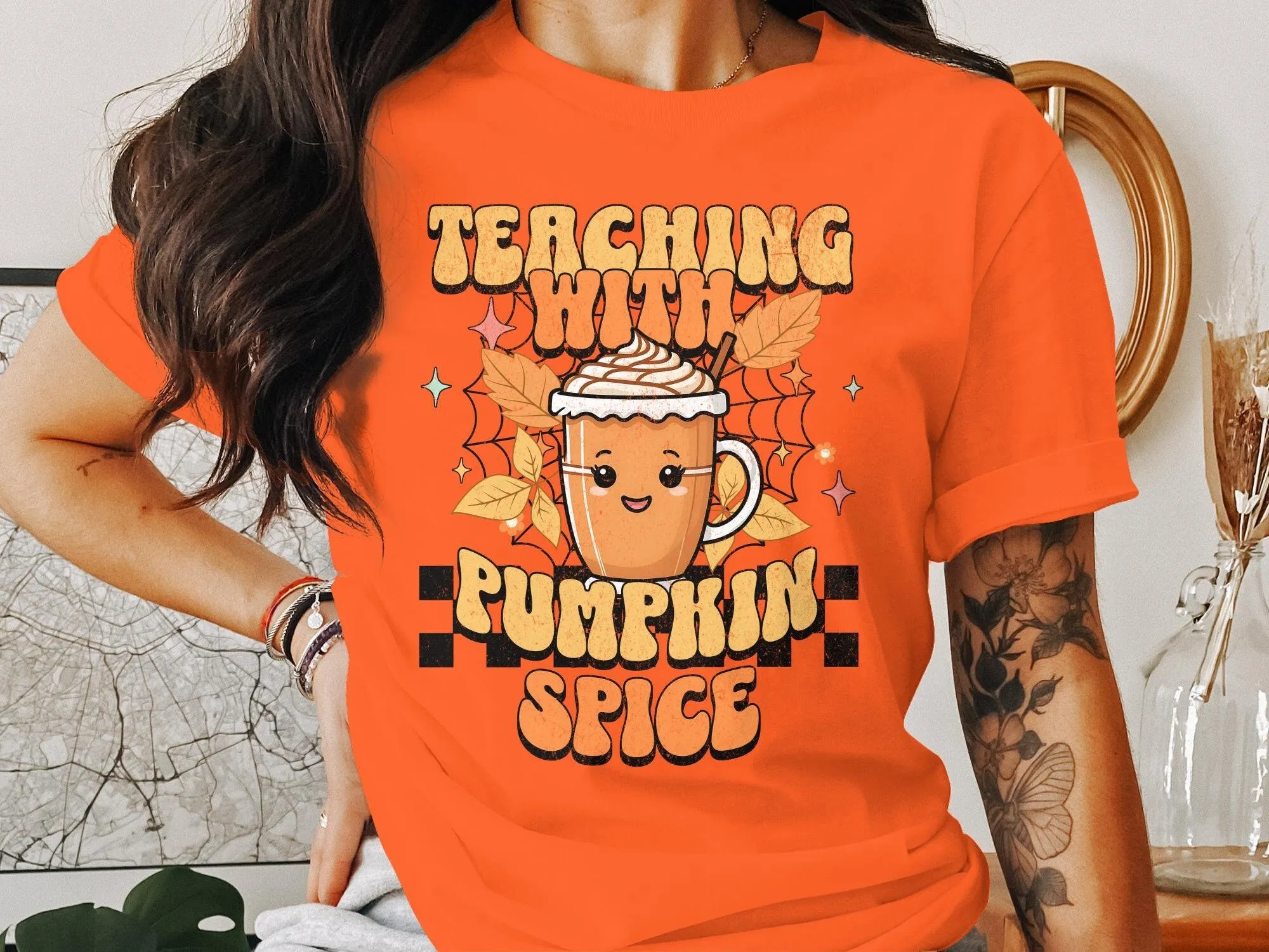 Teaching with Pumpkin Spice T-Shirt, Teacher Fall Shirt, Cute Autumn Graphic Tee, Fun Coffee Lover Gift, Teacher Appreciation Sweatshirt