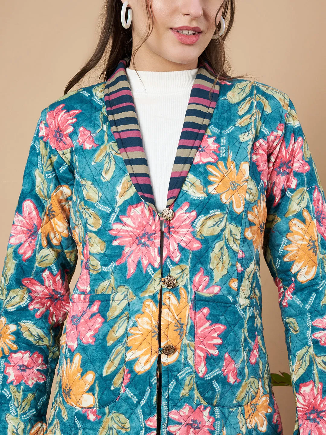 Teal  Blue Floral Quilted Blazer for Women