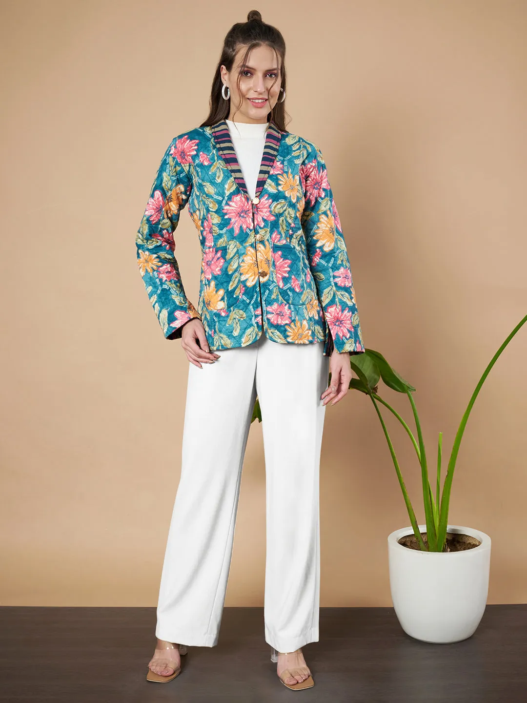 Teal  Blue Floral Quilted Blazer for Women