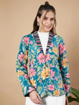 Teal  Blue Floral Quilted Blazer for Women
