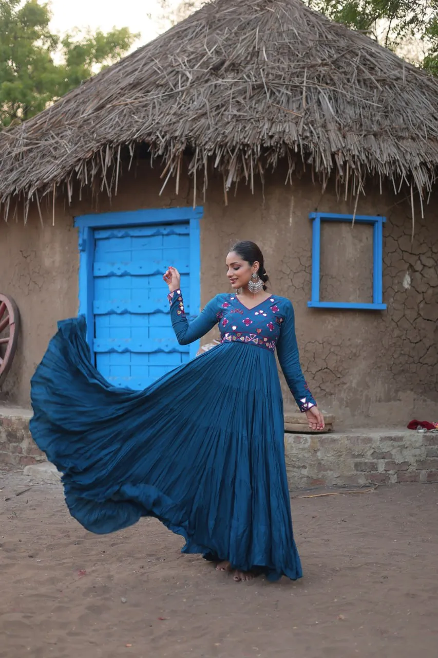 Teal Blue Rayon Gown with Real Mirror Work