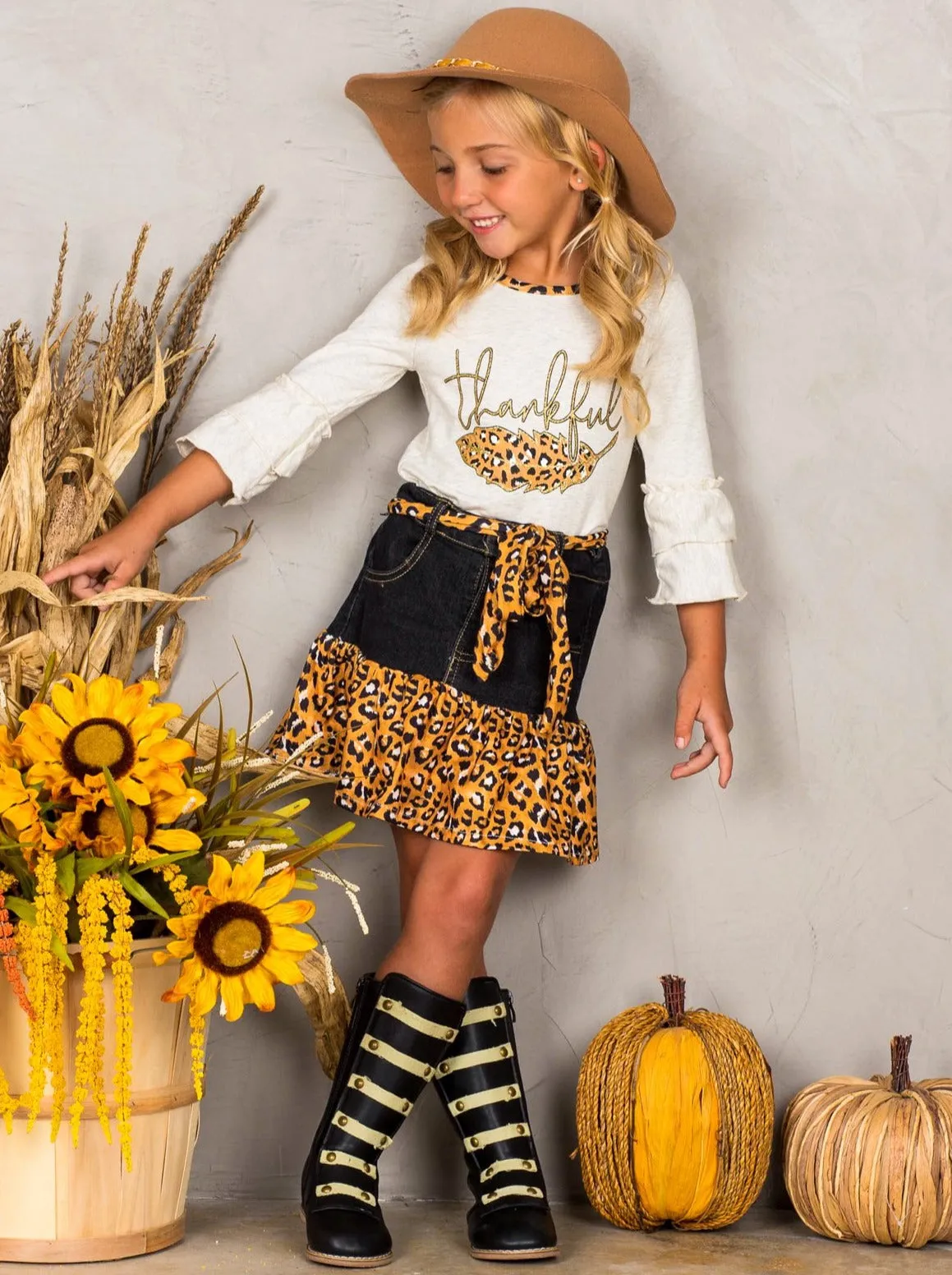 Thankful Leopard Ruffled Denim Skirt Set