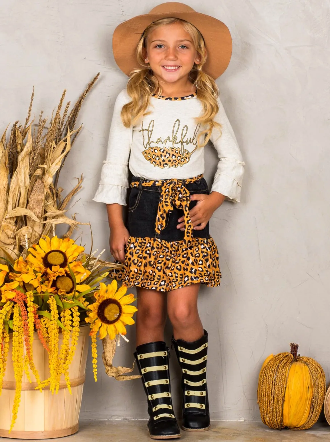 Thankful Leopard Ruffled Denim Skirt Set