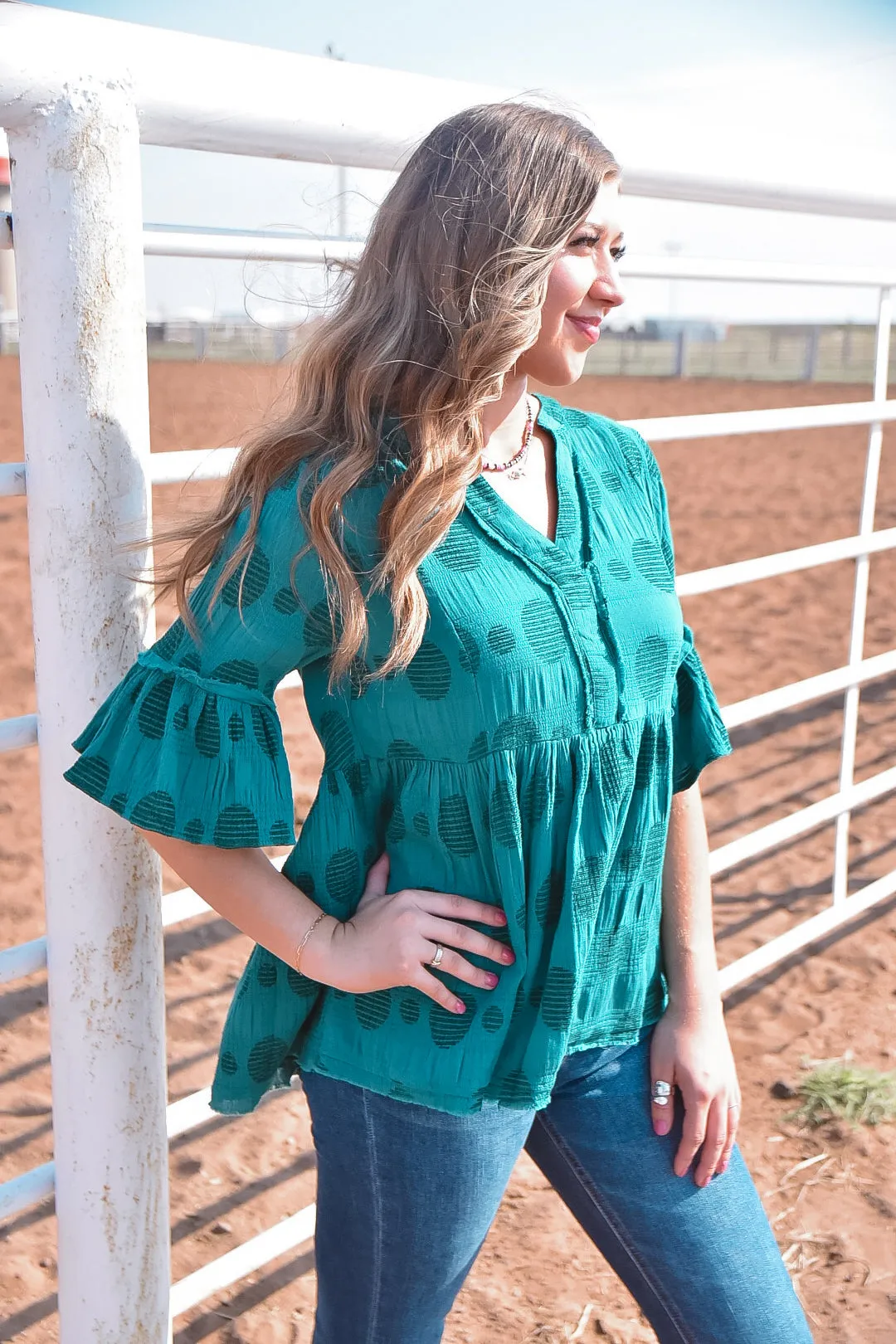 Through the Fall Peacock Dotted Detail Top