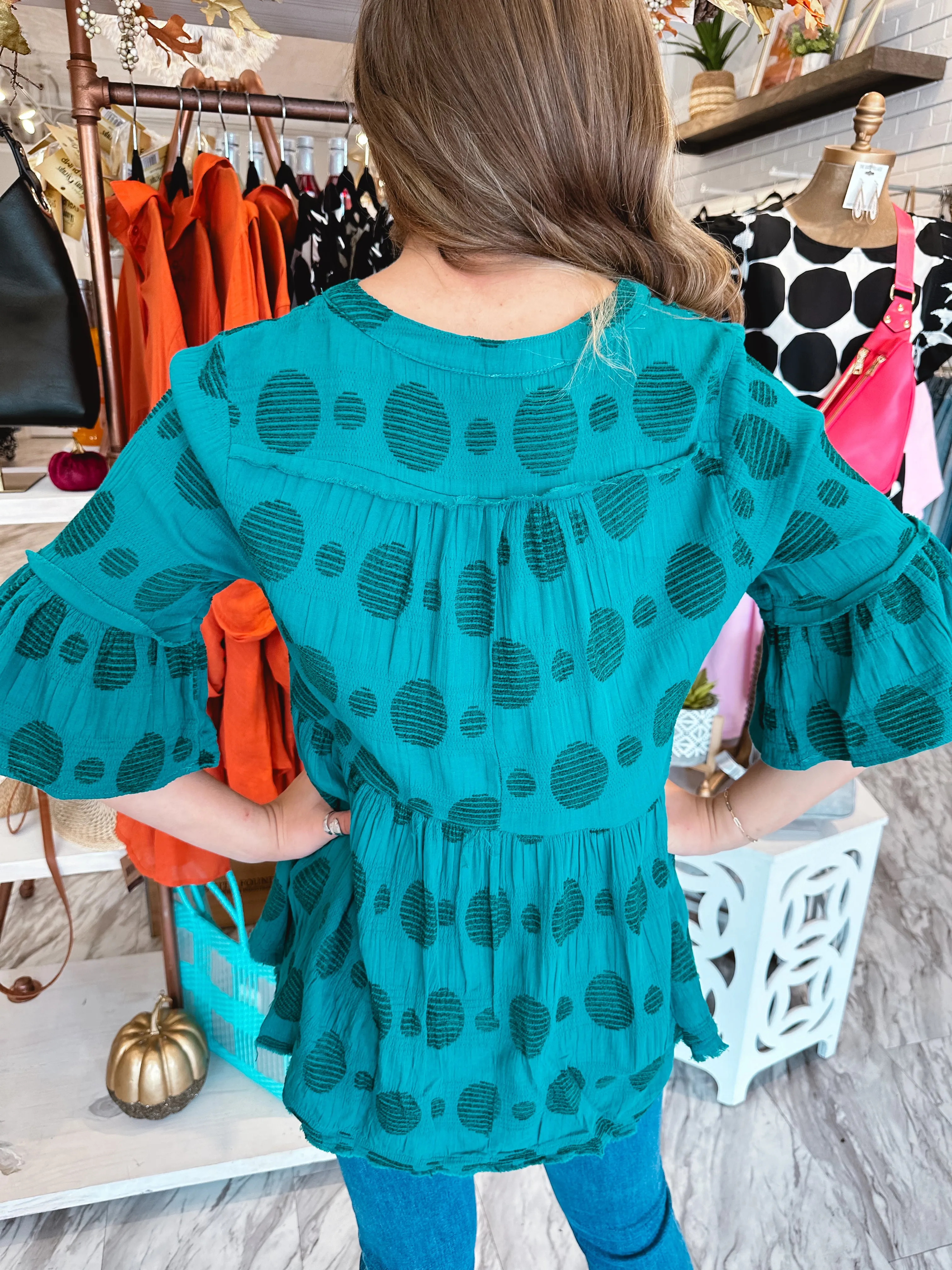Through the Fall Peacock Dotted Detail Top