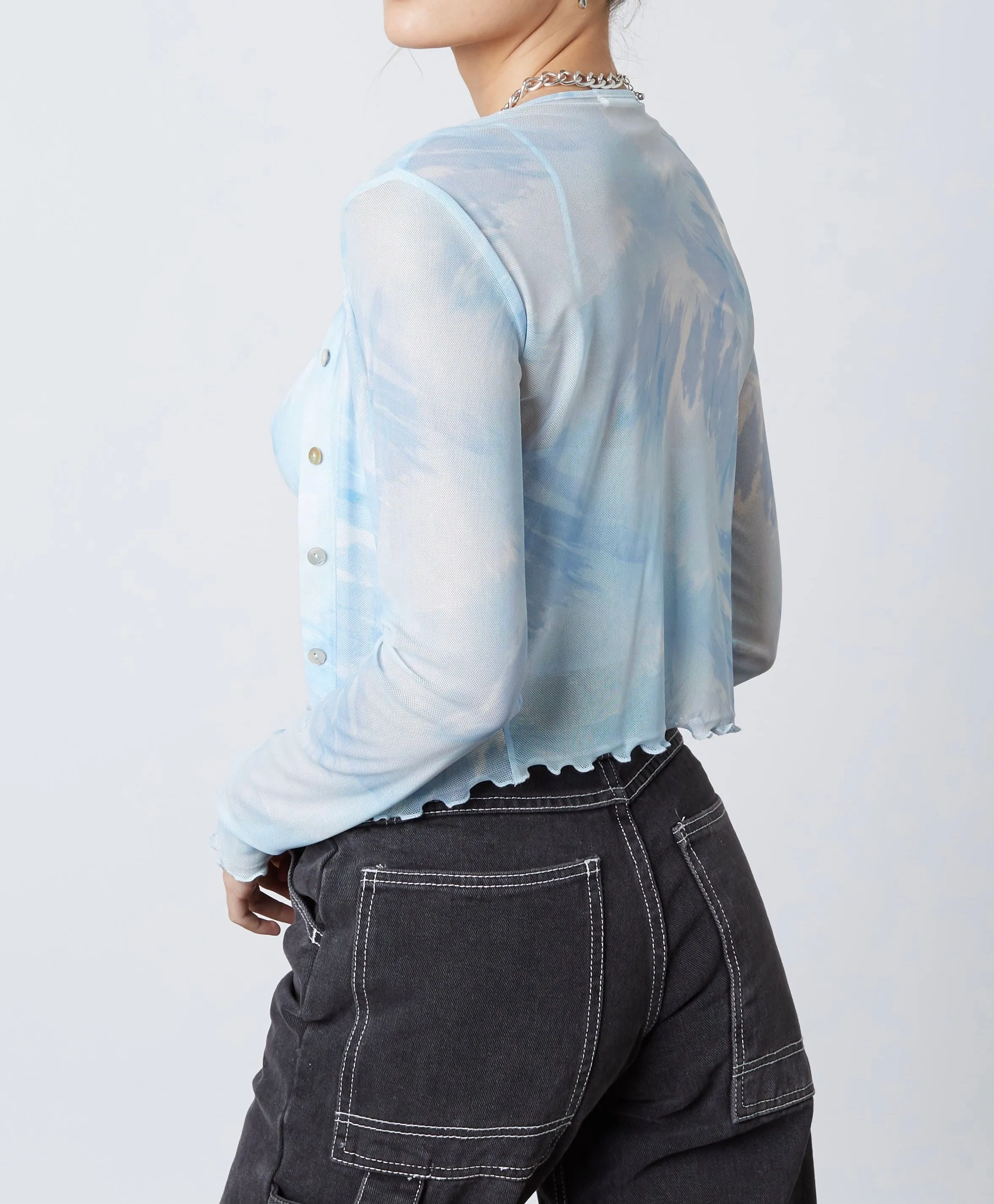 Tie Dye Peasant Sheer Mesh Crop Top