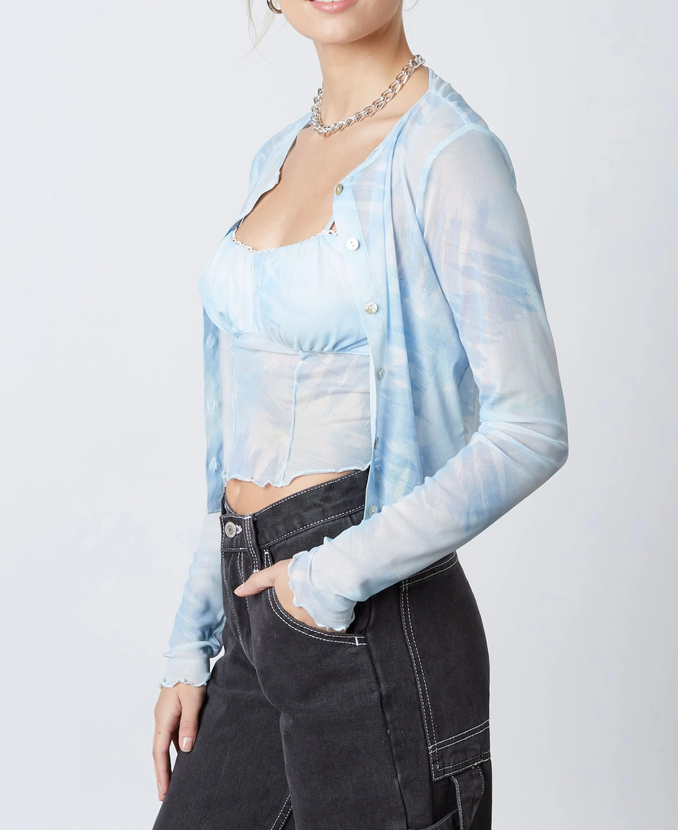 Tie Dye Peasant Sheer Mesh Crop Top