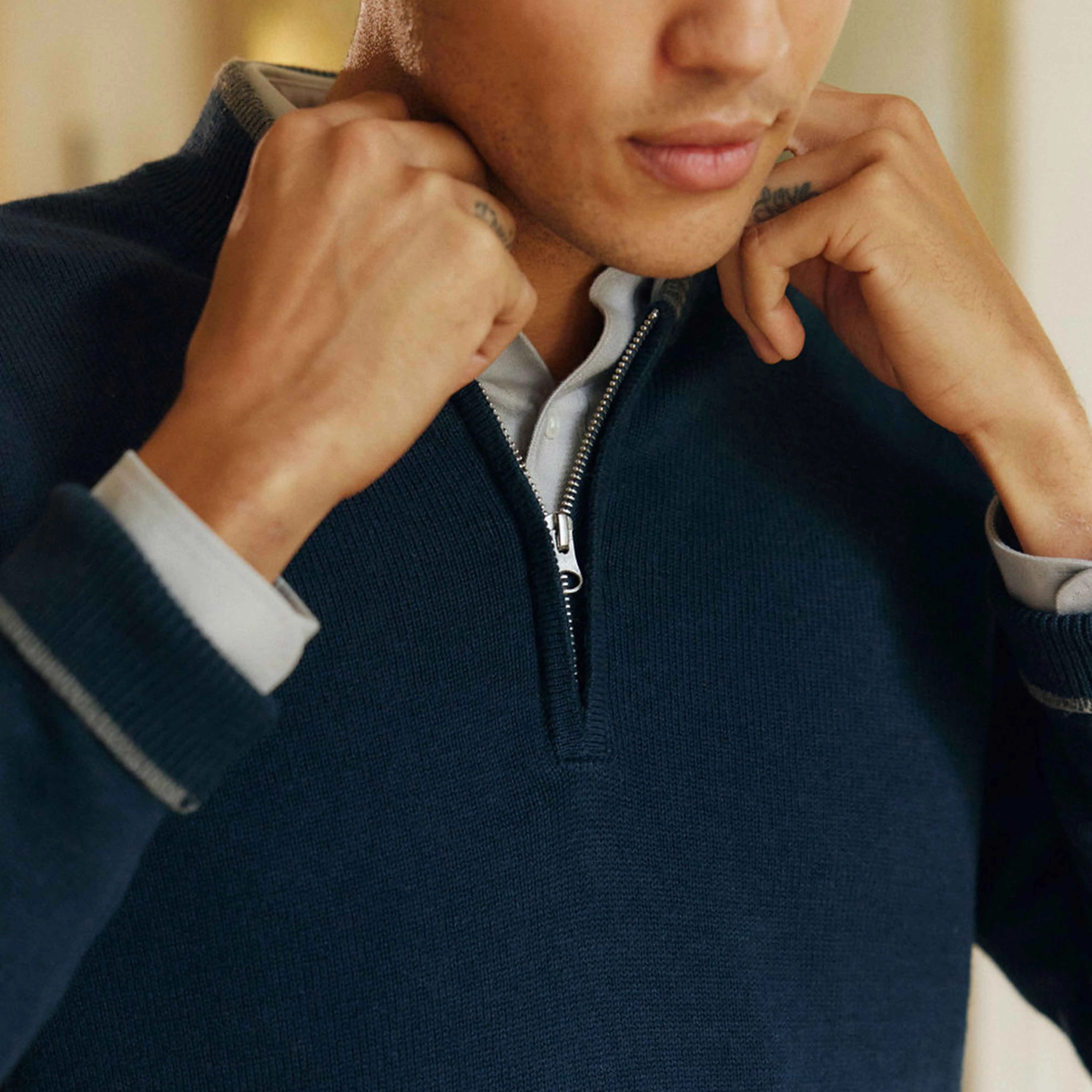 Tipped 1/4 Zip Navy Cashmere Sweater