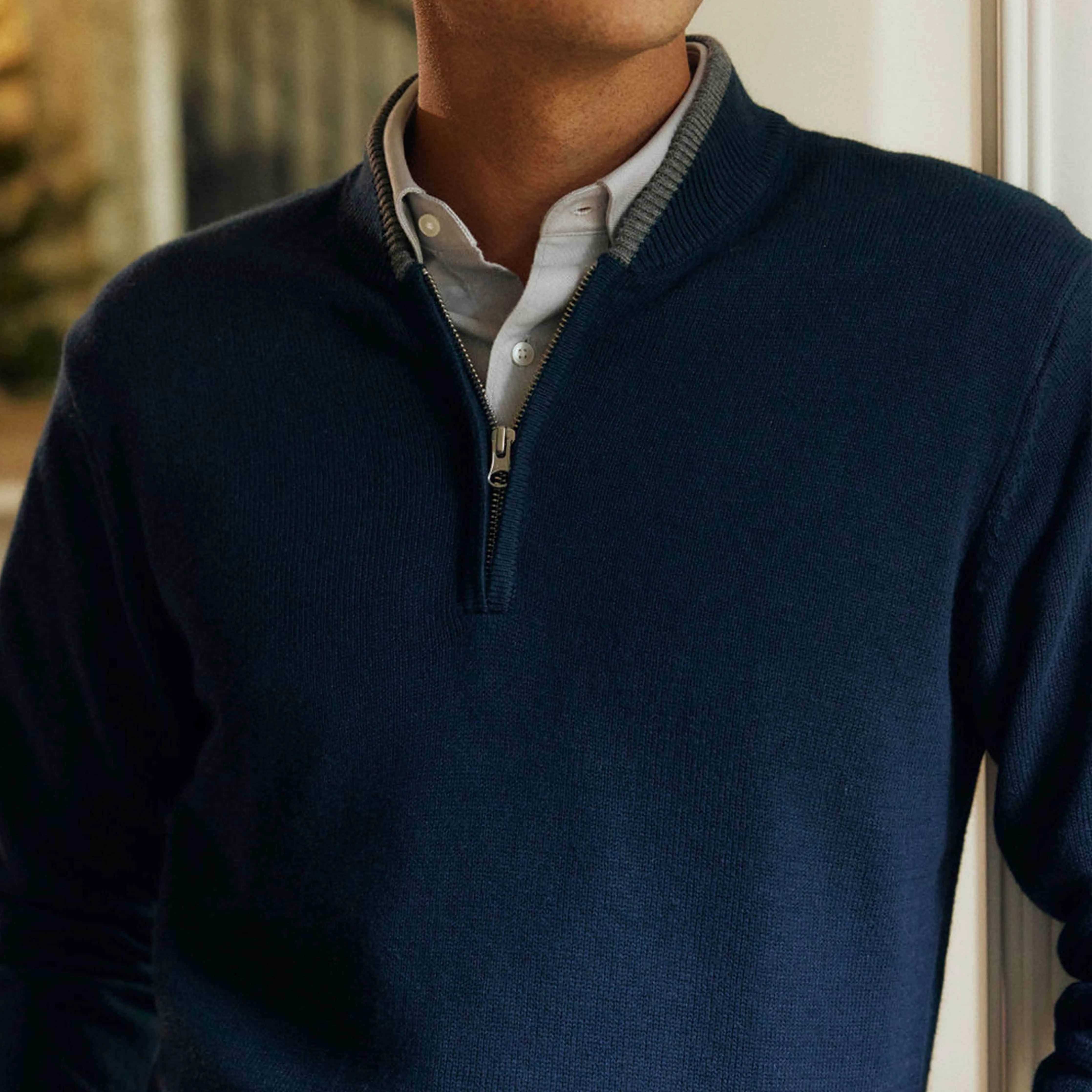 Tipped 1/4 Zip Navy Cashmere Sweater