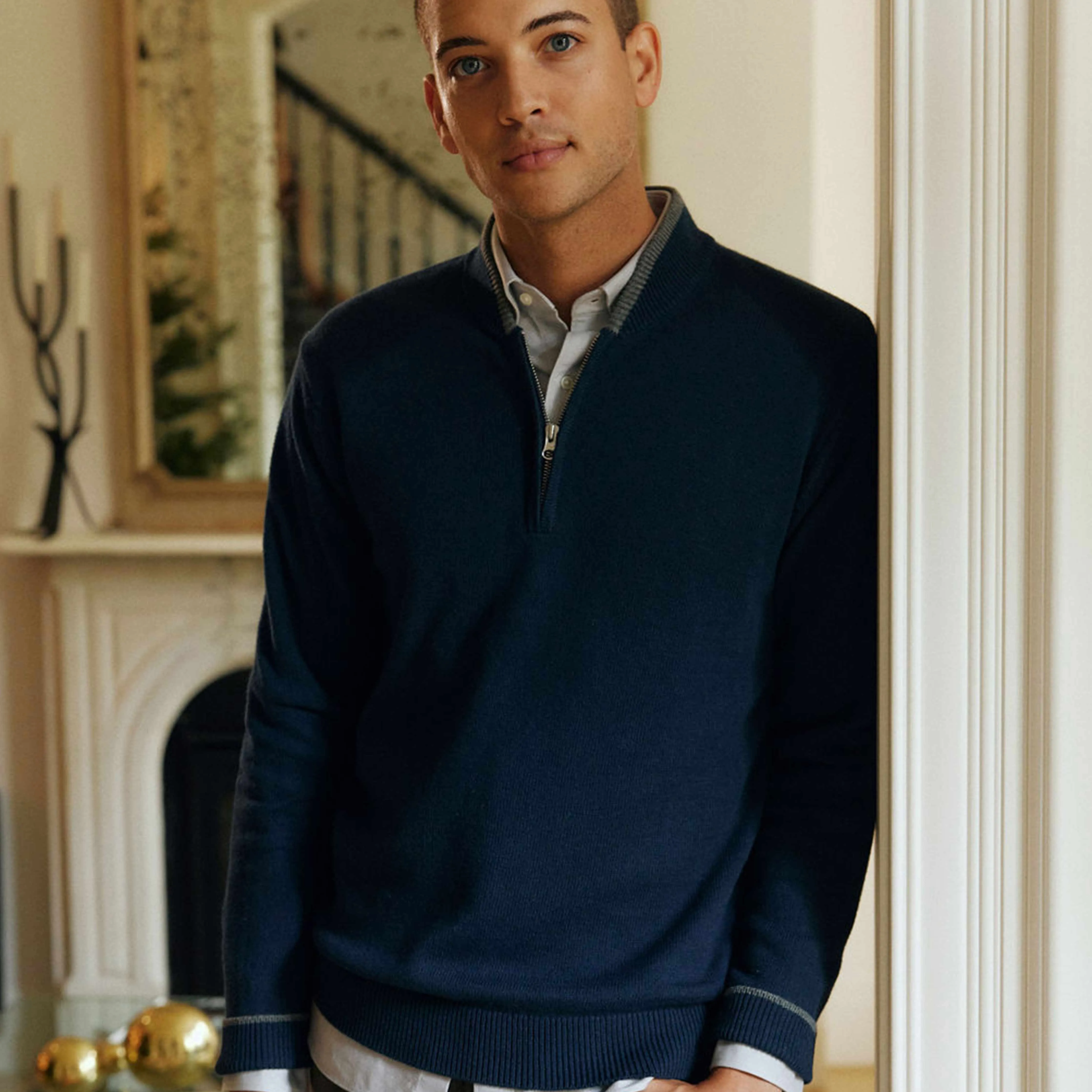 Tipped 1/4 Zip Navy Cashmere Sweater
