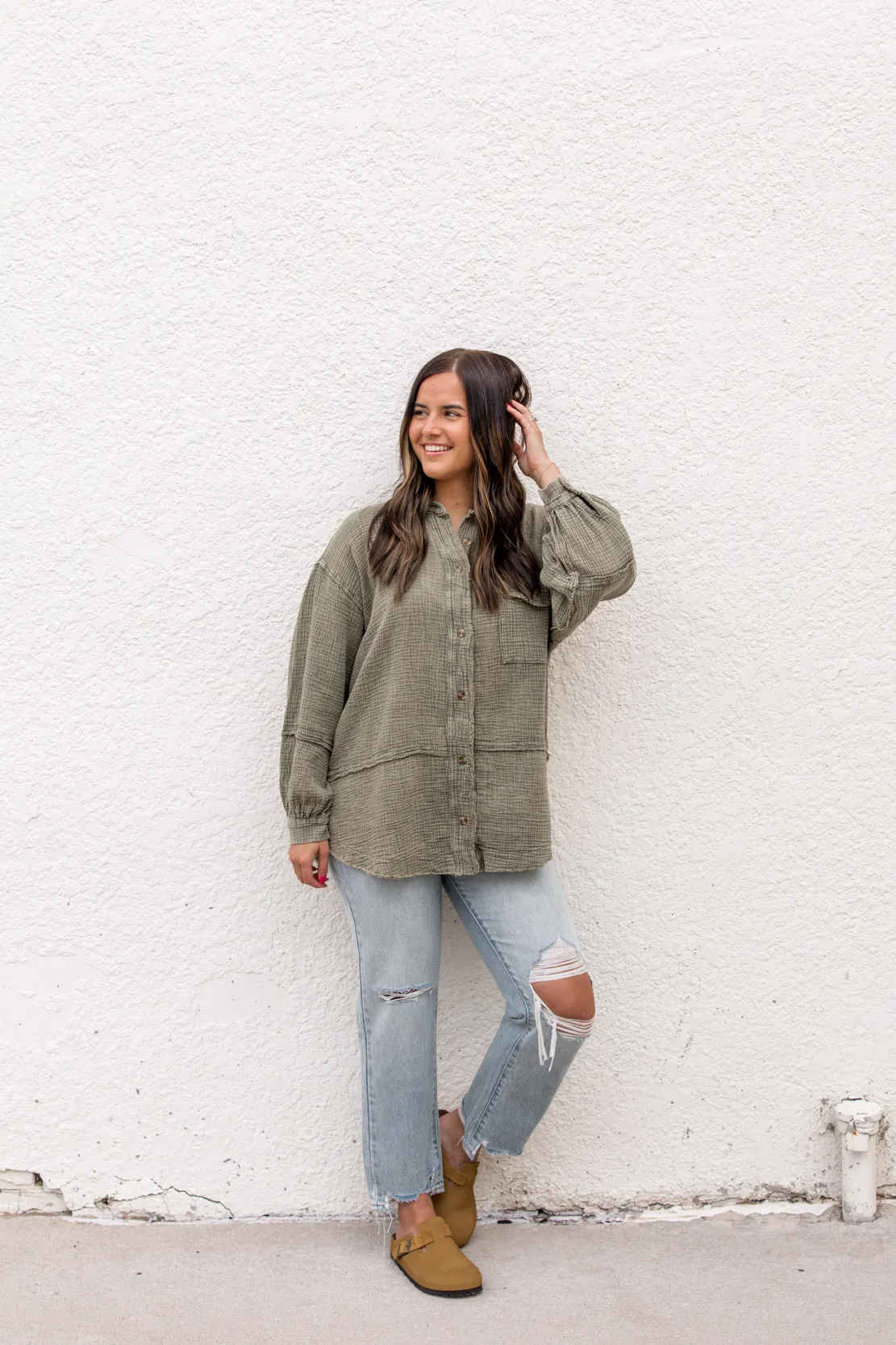 Trina Gauze Button Down | Olive