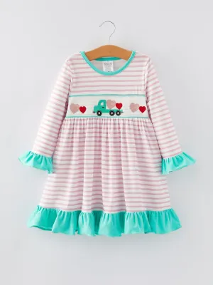 Valentine's Day Ruffle Stripe Smocking Embroidered Dress