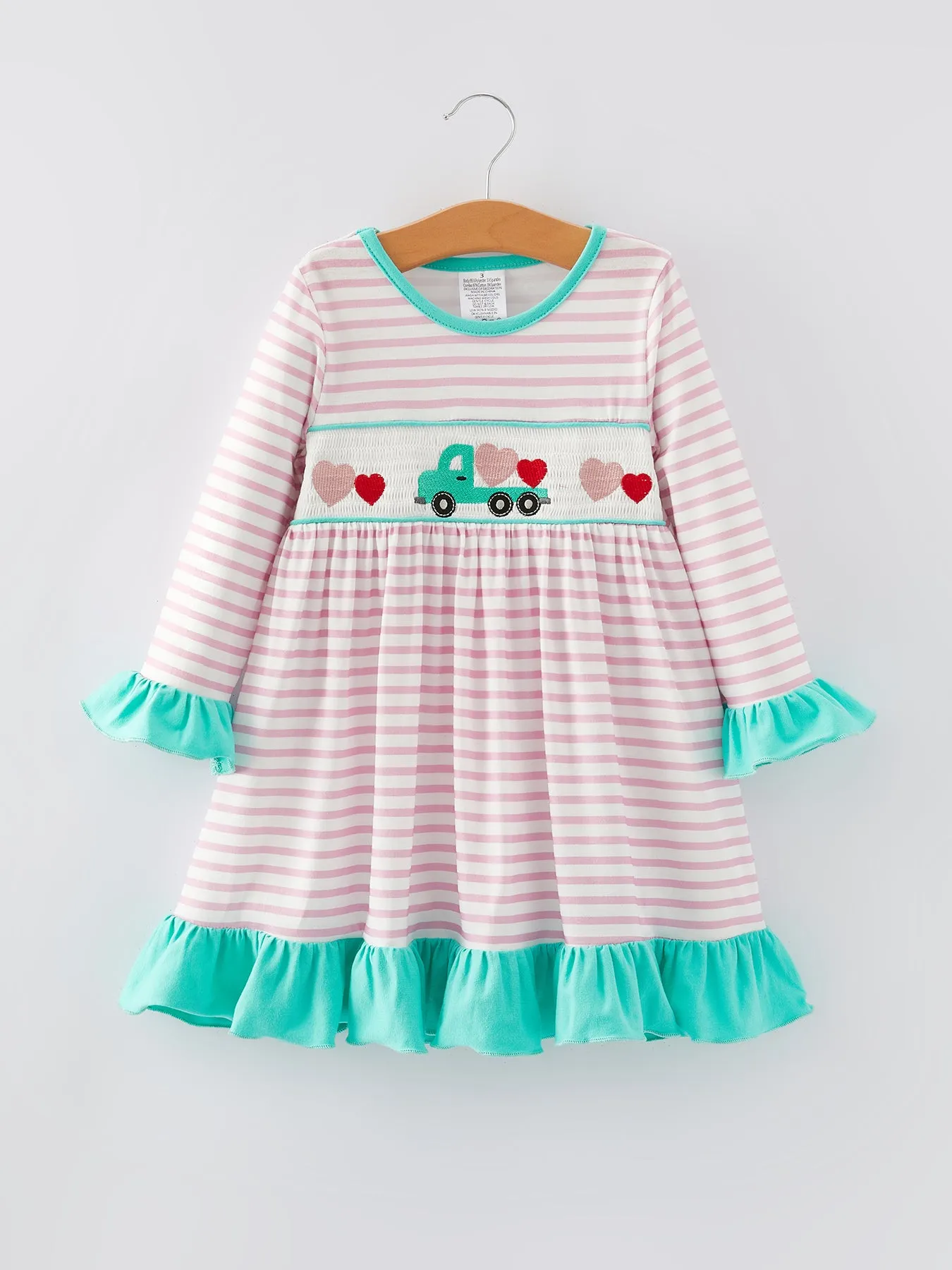 Valentine's Day Ruffle Stripe Smocking Embroidered Dress