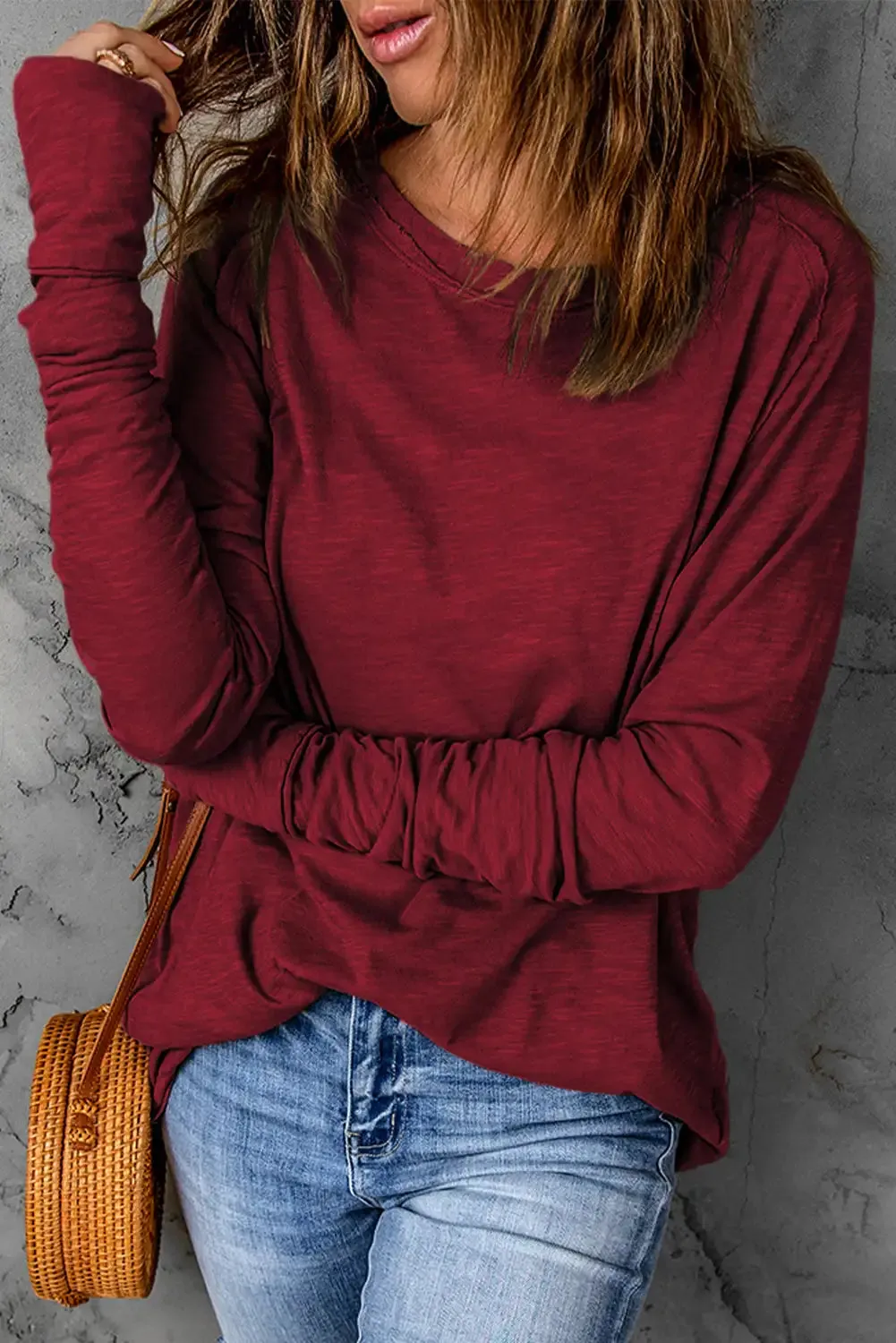 Vibrant Red Crew Neck Long Sleeve Top
