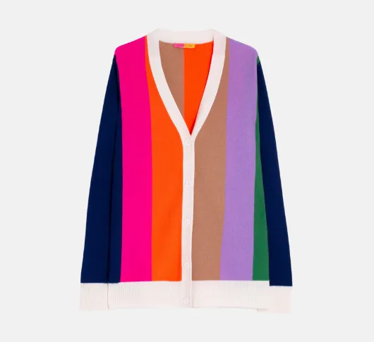 Villagallo - Multicolor Wide Vertical Stripe V-Neck Cardigan