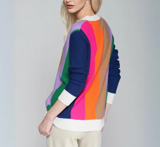 Villagallo - Multicolor Wide Vertical Stripe V-Neck Cardigan