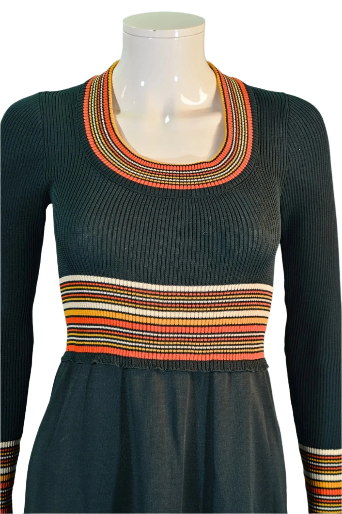 Vintage 1970s Dark Green Knit Maxi Dress, Striped Details XS/S