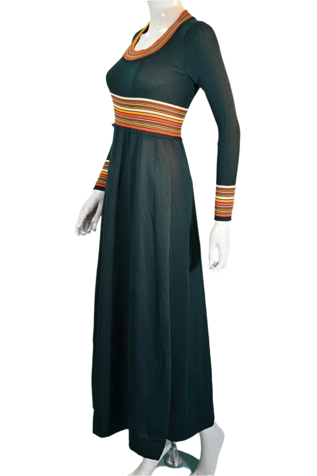 Vintage 1970s Dark Green Knit Maxi Dress, Striped Details XS/S