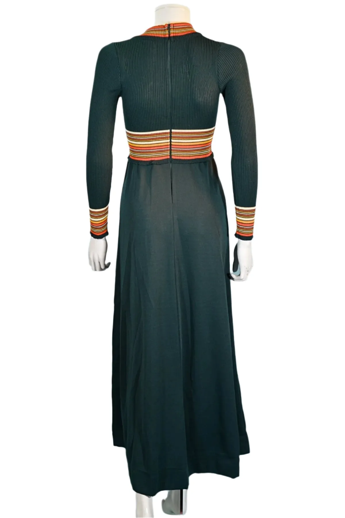 Vintage 1970s Dark Green Knit Maxi Dress, Striped Details XS/S