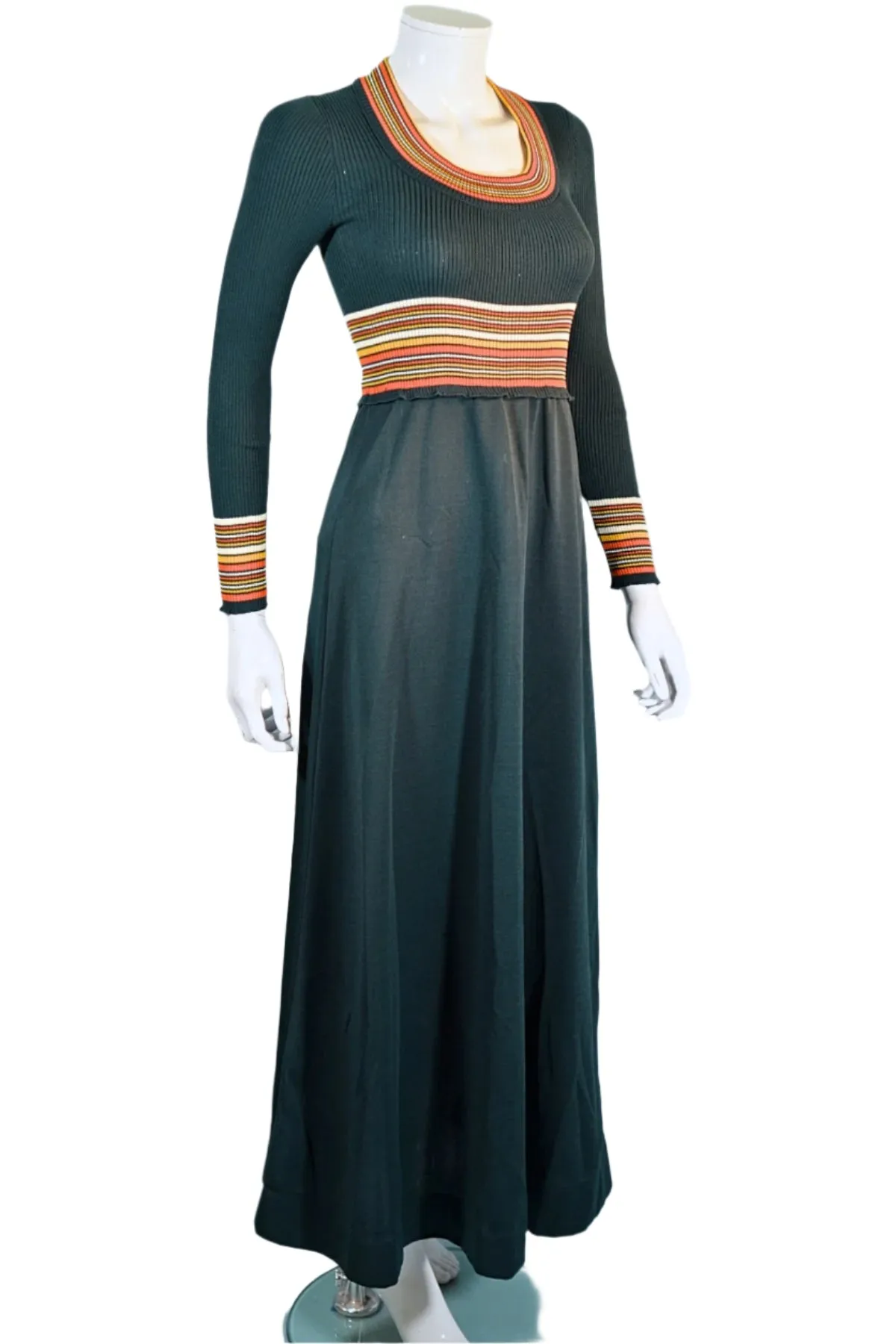 Vintage 1970s Dark Green Knit Maxi Dress, Striped Details XS/S
