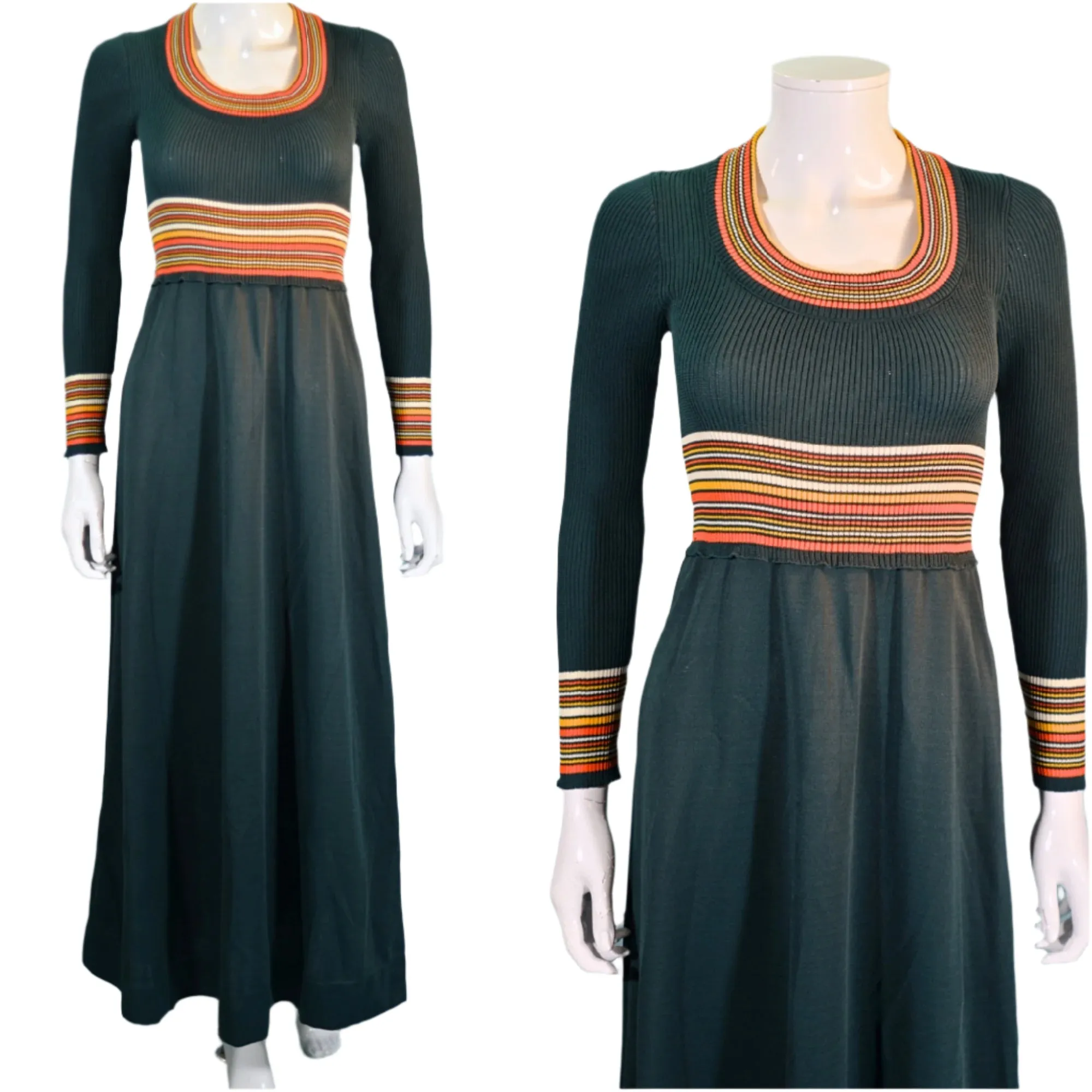 Vintage 1970s Dark Green Knit Maxi Dress, Striped Details XS/S
