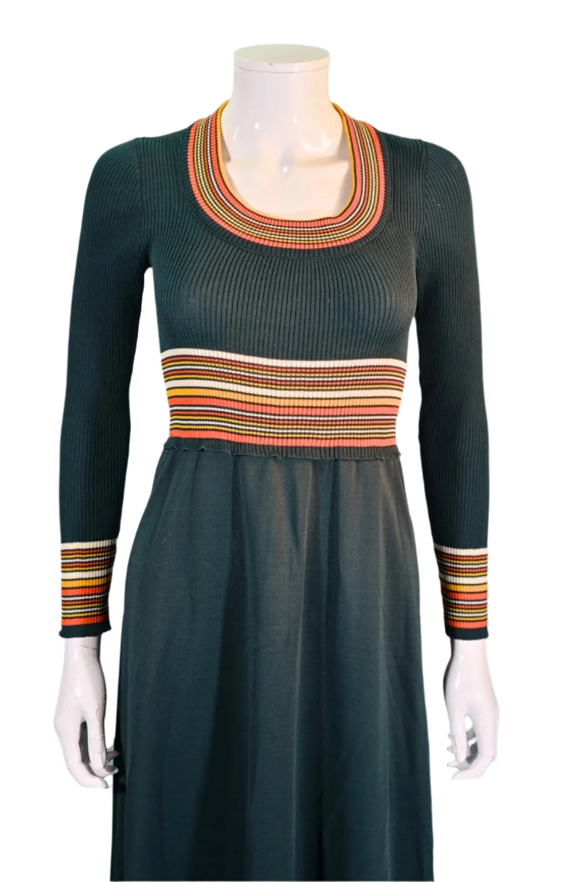 Vintage 1970s Dark Green Knit Maxi Dress, Striped Details XS/S