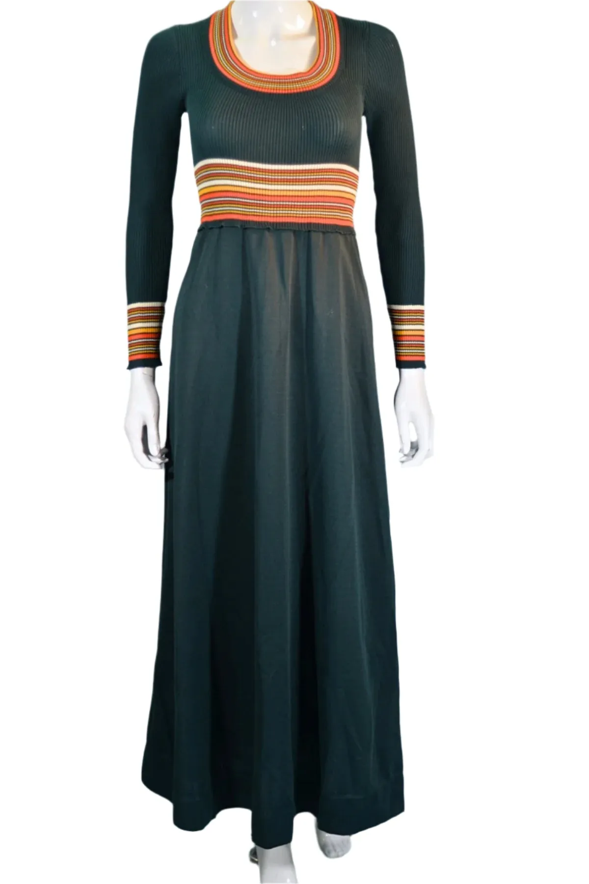 Vintage 1970s Dark Green Knit Maxi Dress, Striped Details XS/S