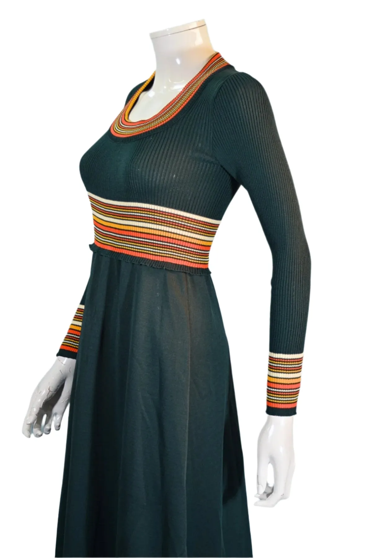 Vintage 1970s Dark Green Knit Maxi Dress, Striped Details XS/S