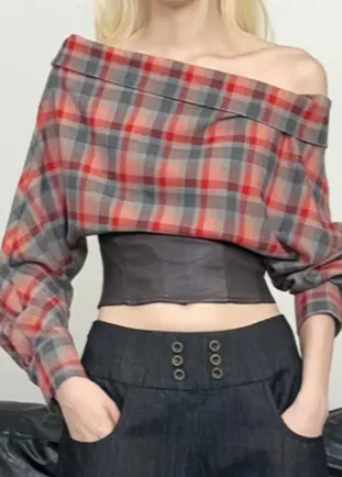 Vintage Check One-Shoulder Leather Top