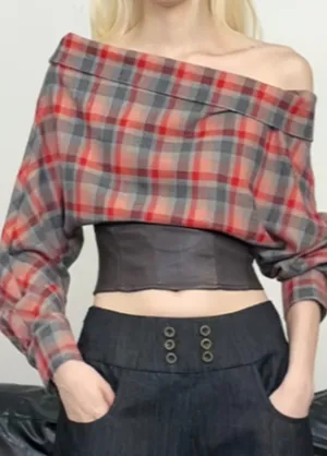 Vintage Check One-Shoulder Leather Top