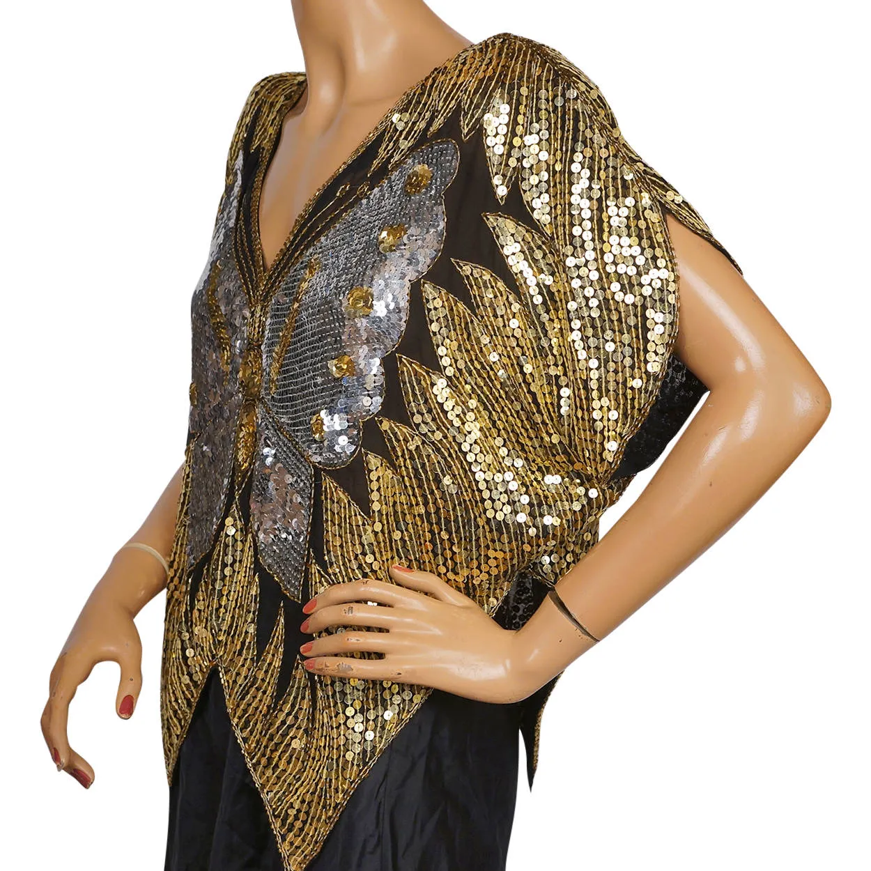 Vintage Disco Butterfly Top Silver &amp; Gold Sequins on Black Silk 1980s Size L