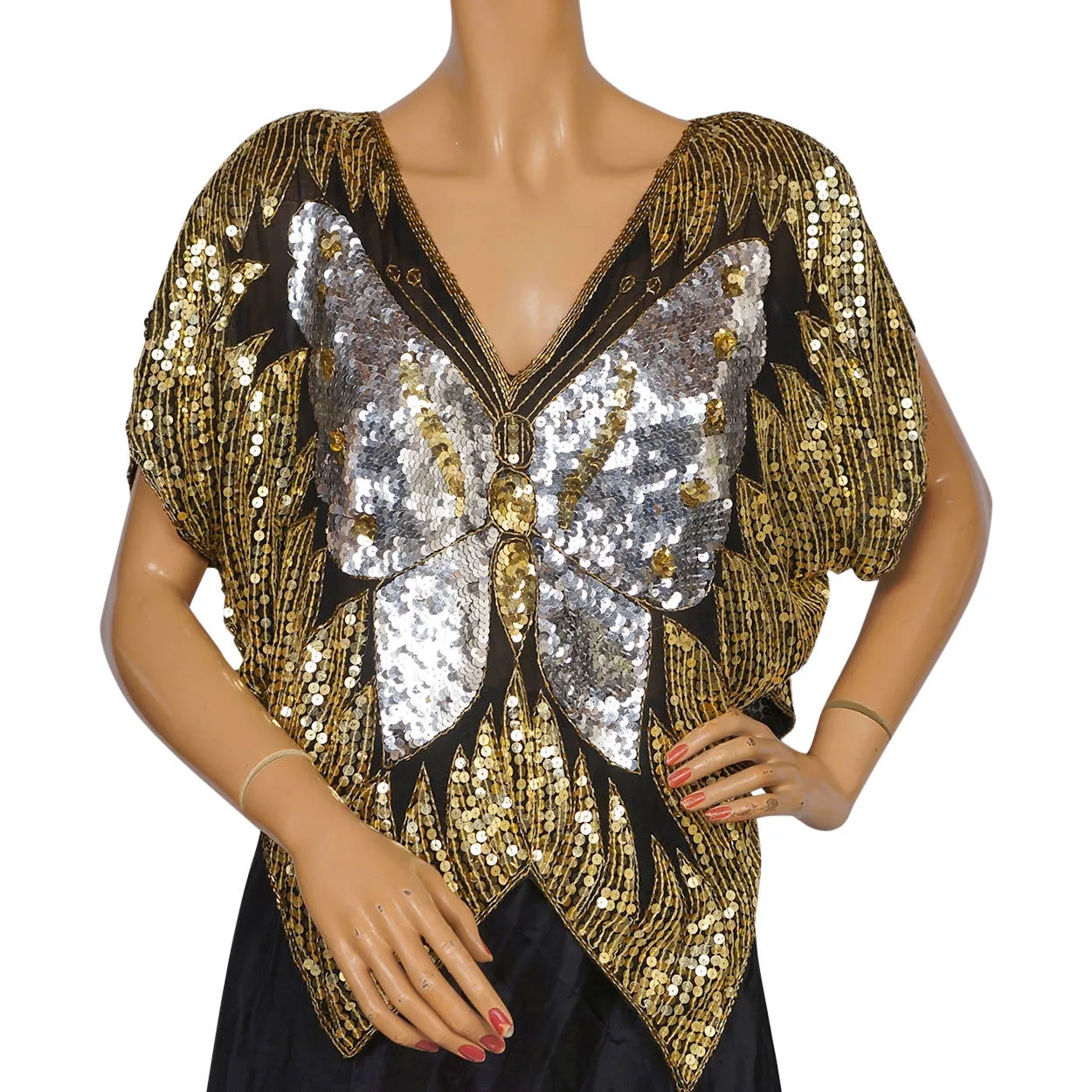 Vintage Disco Butterfly Top Silver &amp; Gold Sequins on Black Silk 1980s Size L