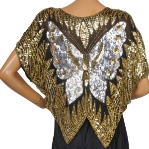 Vintage Disco Butterfly Top Silver &amp; Gold Sequins on Black Silk 1980s Size L