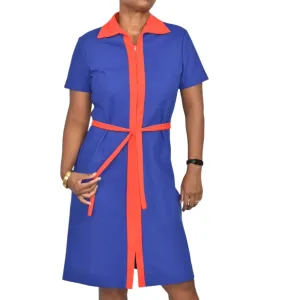 Vintage Fritzi ColorBlock Shirt Dress Blue Red Zip Front Belt Short Sleeve 70s Size Small