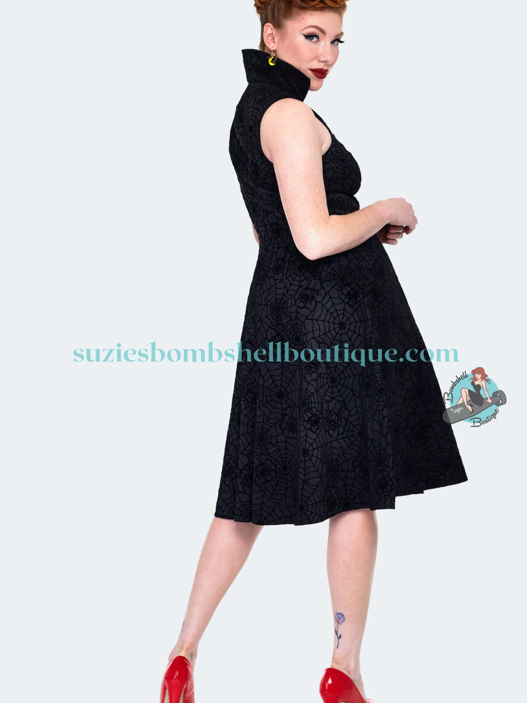 Voodoo Vixen Floral Spider Web Flocked Flare Dress