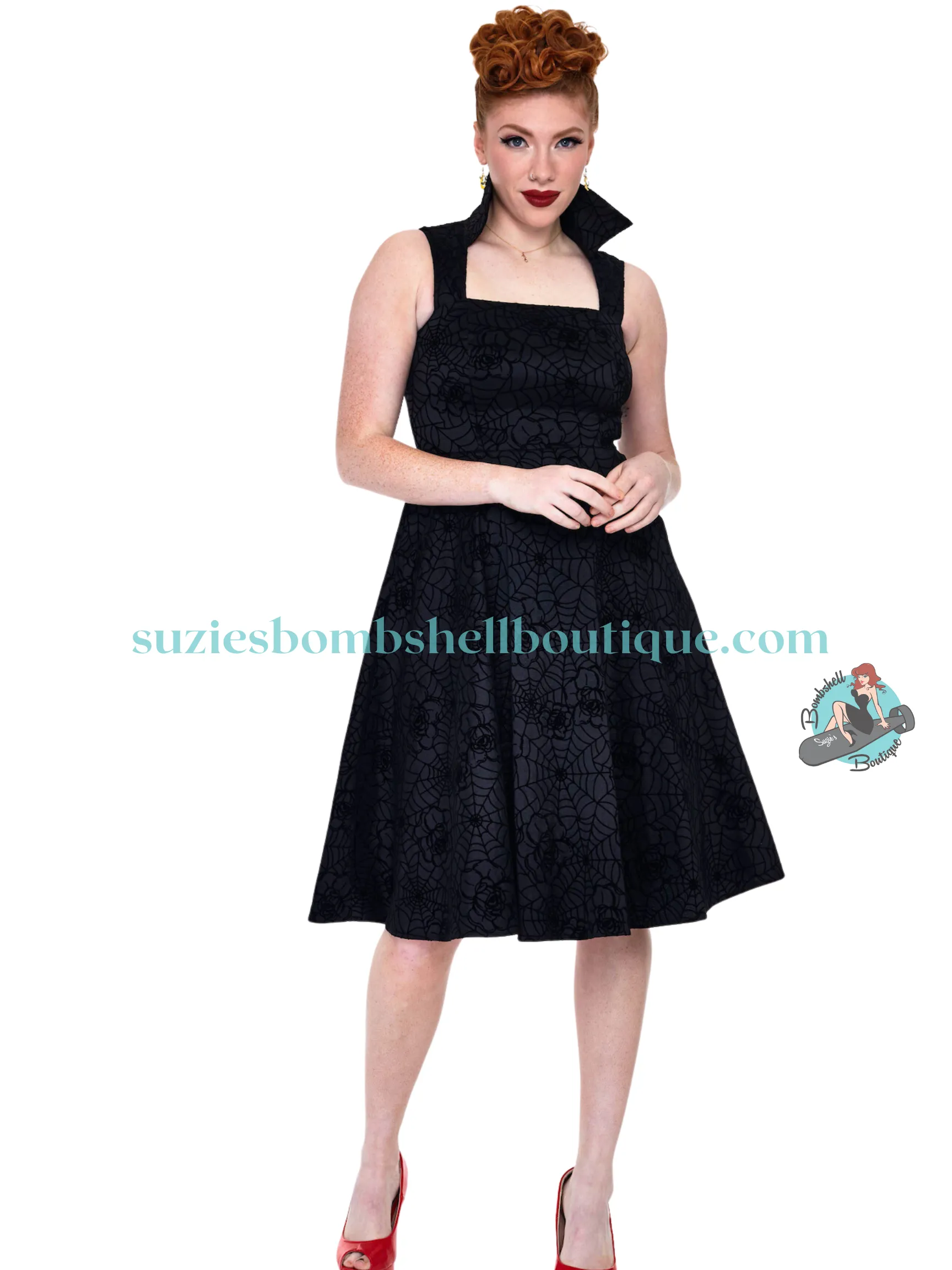 Voodoo Vixen Floral Spider Web Flocked Flare Dress