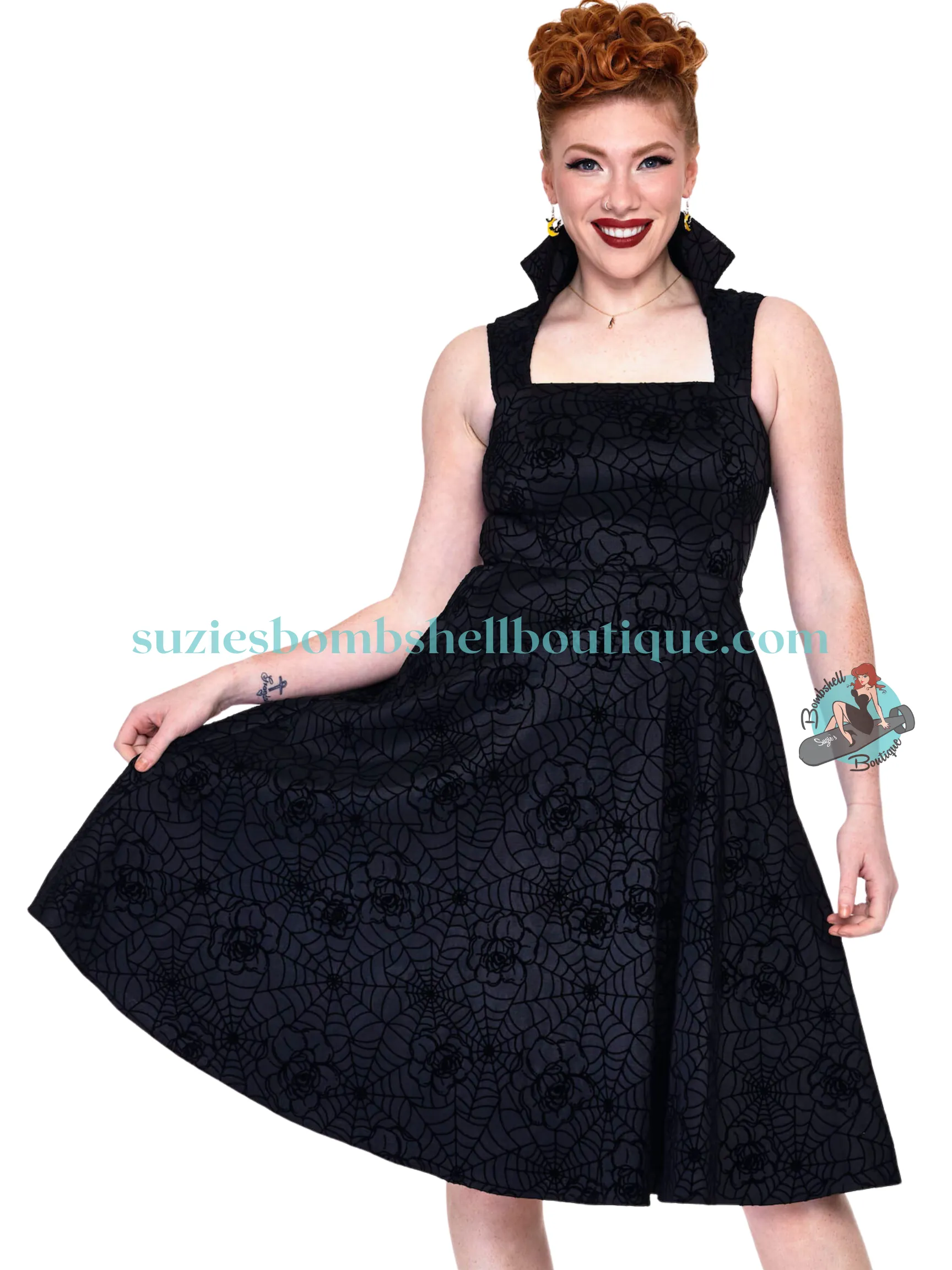 Voodoo Vixen Floral Spider Web Flocked Flare Dress