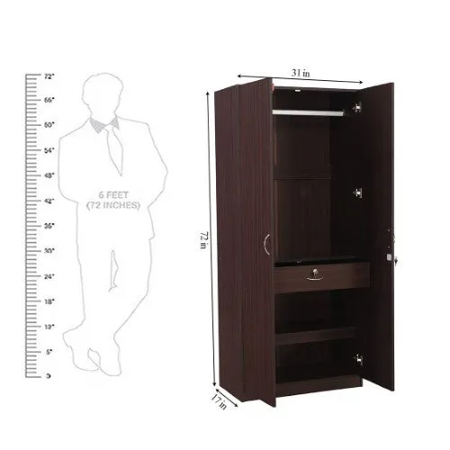 Walnut 2 Door Wardrobe with Mirror 2 Shelves and Hanging Space for Clothes |2 Door Wardrobe for Bedroom