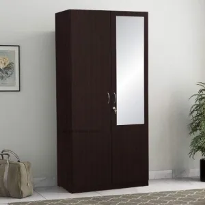 Walnut 2 Door Wardrobe with Mirror 2 Shelves and Hanging Space for Clothes |2 Door Wardrobe for Bedroom