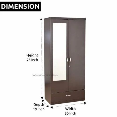 Walnut 2 Door Wardrobe with Mirror, 2 Shelves, Drawer and Hanging Space for Clothes |Wardrobe for Bedroom | Wardrobe for Clothes