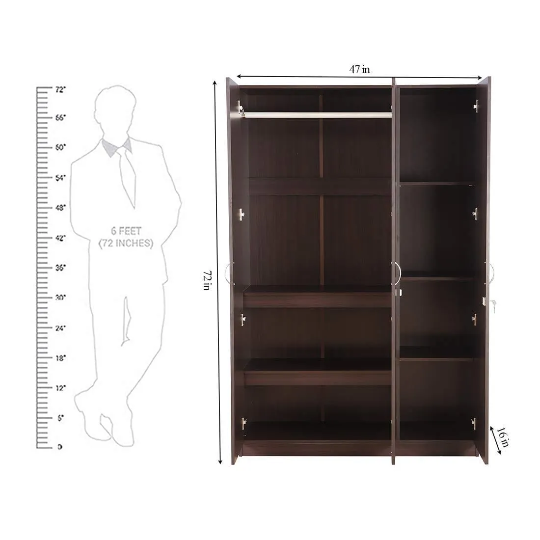 Walnut Colour 3 Door Wardrobe, Shelves and Hanging Space for Clothes | Wardrobe for Clothes | Cupboard | Almirah | Engineered Wooden Cupboard | Home Storage