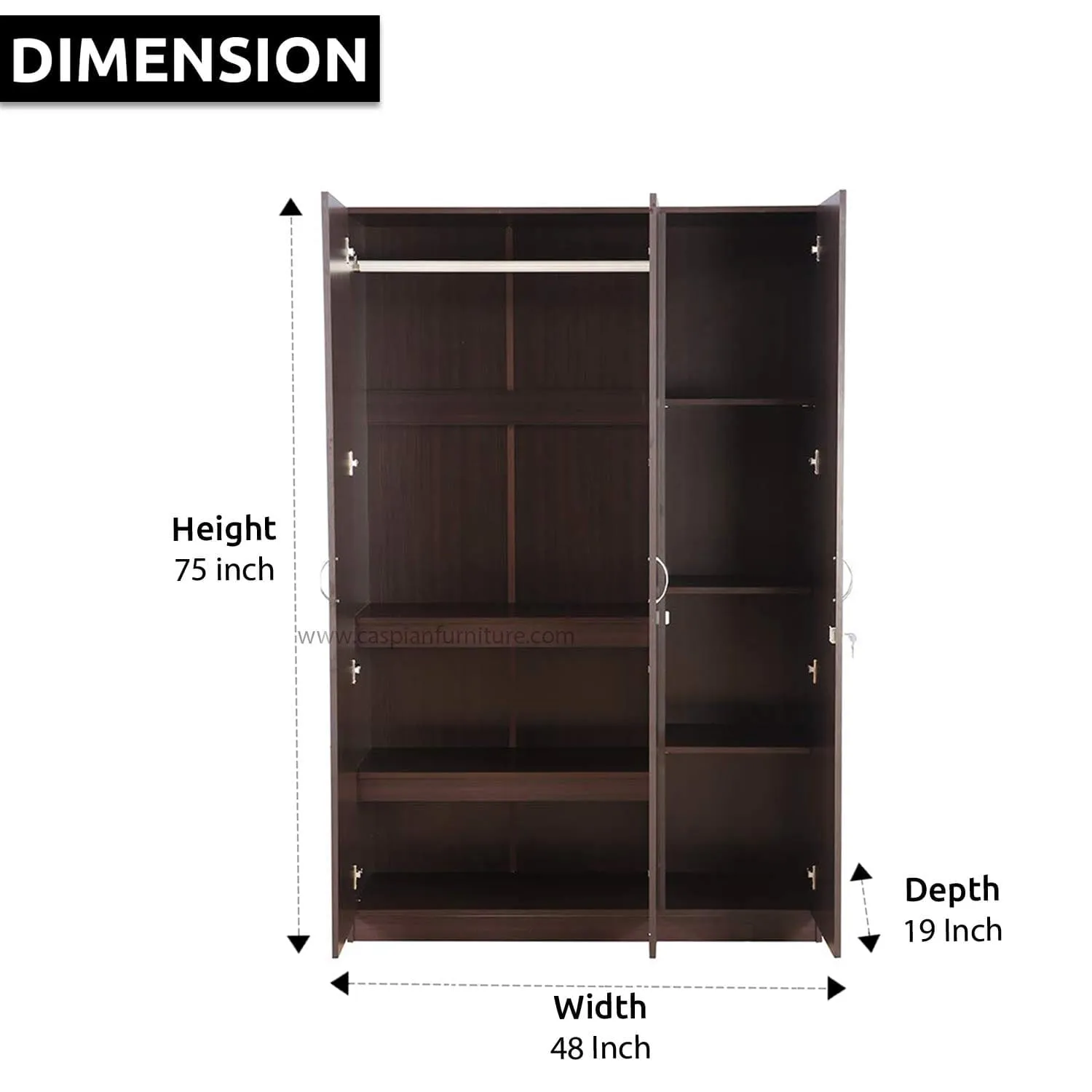 Walnut Colour 3 Door Wardrobe, Shelves and Hanging Space for Clothes | Wardrobe for Clothes | Cupboard | Almirah | Engineered Wooden Cupboard | Home Storage