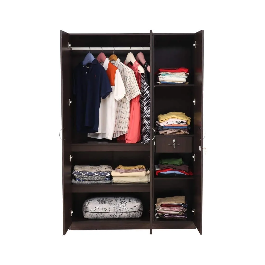 Walnut Colour 3 Door Wardrobe with Mirror,Drawer, Shelves and Hanging Space for Clothes | Wardrobe for Clothes | Cupboard | Almirah
